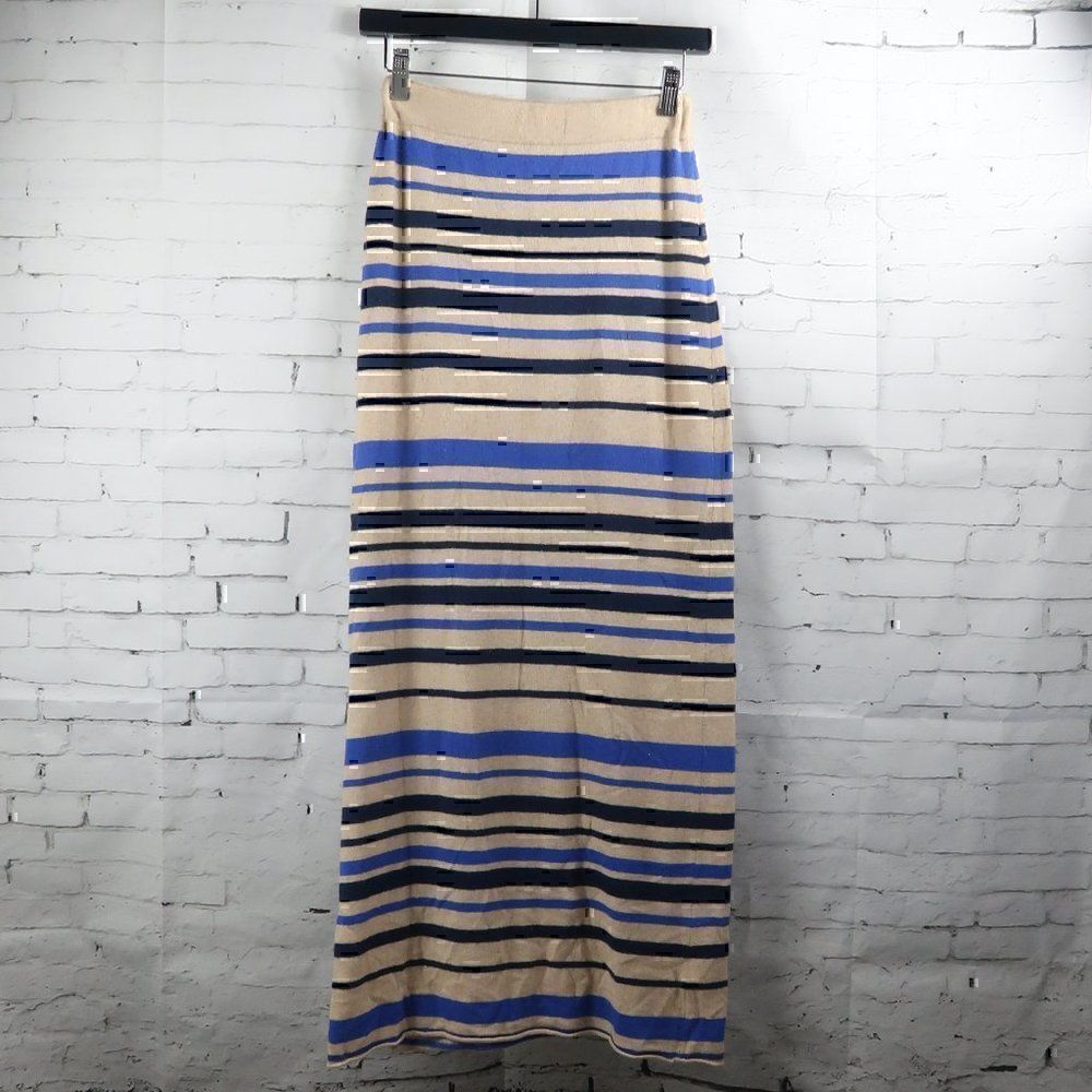 SPARROW TAN WITH BLUE STRIPE KNIT ANGORA LAMBSWOOL SWEATER SKIRT SIZE XS